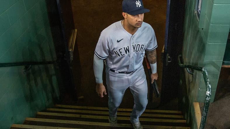 Sep 2, 2023; Houston, Texas, USA; New York Yankees center fielder Jasson Dominguez (89) enters the dugout before playing against the Houston Astros at Minute Maid Park. Mandatory Credit: Thomas Shea-USA TODAY Sports