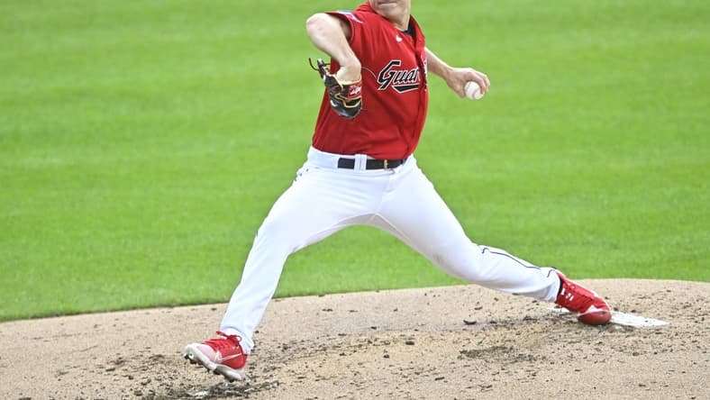 Sep 2, 2023; Cleveland, Ohio, USA; Cleveland Guardians starting pitcher Logan Allen (41) delivers against the Tampa Bay Rays in the second inning at Progressive Field. Mandatory Credit: David Richard-USA TODAY Sports