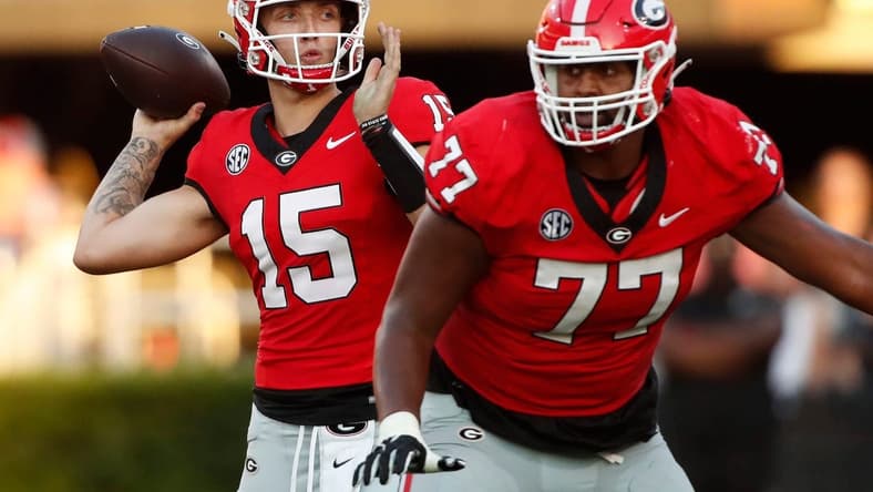 Georgia quarterback Carson Beck (15) looks to throw a pass during the first half of a NCAA college football game against Tennessee Martin in Athens, Ga., on Saturday, Sept. 2, 2023.