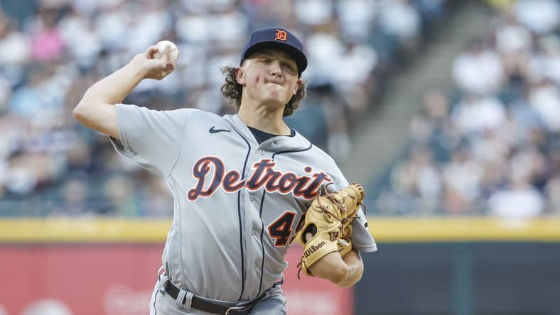 Sep 2, 2023; Chicago, Illinois, USA; Detroit Tigers starting pitcher Reese Olson (45) delivers a pitch against the Chicago White Sox during the first inning at Guaranteed Rate Field. Mandatory Credit: Kamil Krzaczynski-USA TODAY Sports