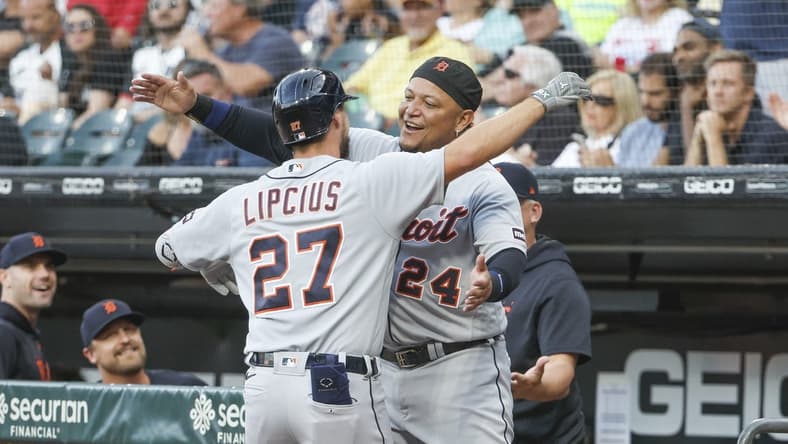 Sep 2, 2023; Chicago, Illinois, USA; Detroit Tigers second baseman Andre Lipcius (27) celebrates with designated hitter Miguel Cabrera (24) after hitting a two-run home run against the Chicago White Sox during the first inning at Guaranteed Rate Field. Mandatory Credit: Kamil Krzaczynski-USA TODAY Sports