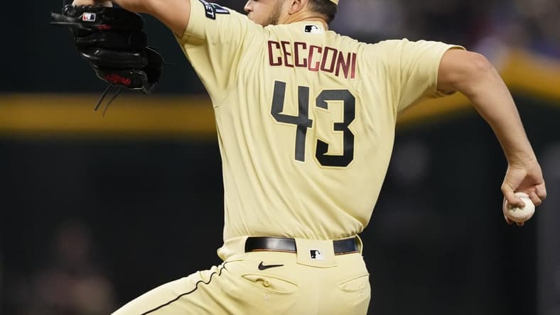 Sep 2, 2023; Phoenix, Arizona, USA; Arizona Diamondbacks starting pitcher Slade Cecconi (43) pitches against the Baltimore Orioles during the first inning at Chase Field. Mandatory Credit: Joe Camporeale-USA TODAY Sports