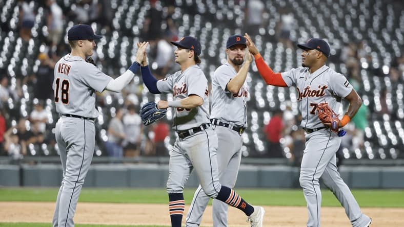 Sep 2, 2023; Chicago, Illinois, USA; Detroit Tigers players celebrate after defeating the Chicago White Sox at Guaranteed Rate Field. Mandatory Credit: Kamil Krzaczynski-USA TODAY Sports