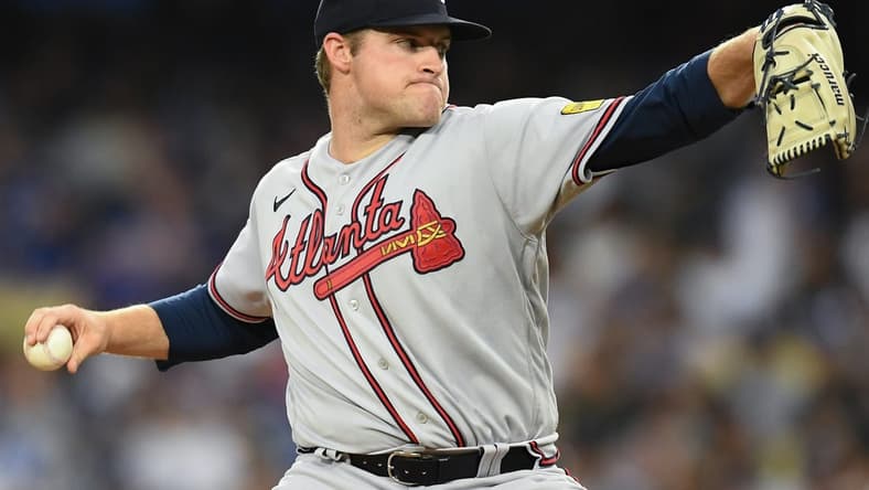 Sep 2, 2023; Los Angeles, California, USA; Atlanta Braves starting pitcher Bryce Elder (55) throws a pitch against the Los Angeles Dodgers during the third inning at Dodger Stadium. Mandatory Credit: Jonathan Hui-USA TODAY Sports