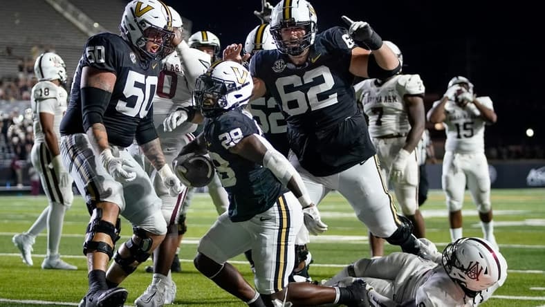 Vanderbilt running back Sedrick Alexander (28) reacts after scoring a touchdown against Alabama A&M during the fourth quarter at FirstBank Stadium in Nashville, Tenn., Saturday, Sept. 2, 2023.during the fourth quarter at FirstBank Stadium in Nashville, Tenn., Saturday, Sept. 2, 2023.