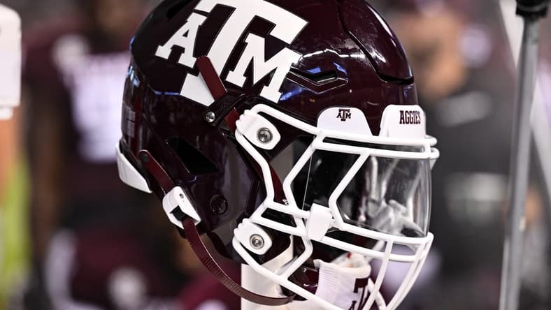 Sep 2, 2023; College Station, Texas, USA; A detailed view of a Texas A&M Aggies helmet on the sideline during the game against the New Mexico Lobos at Kyle Field. Mandatory Credit: Maria Lysaker-USA TODAY Sports