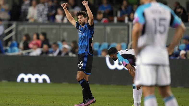 Sep 2, 2023; San Jose, California, USA; San Jose Earthquakes forward Cade Cowell (44) gestures after scoring a goal against the Minnesota United during the first half at PayPal Park. Mandatory Credit: Darren Yamashita-USA TODAY Sports