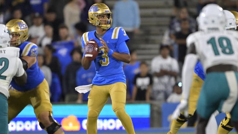 Sep 2, 2023; Pasadena, California, USA;  UCLA Bruins quarterback Dante Moore (3) throws a pass in the second half against the Coastal Carolina Chanticleers at Rose Bowl. Mandatory Credit: Jayne Kamin-Oncea-USA TODAY Sports