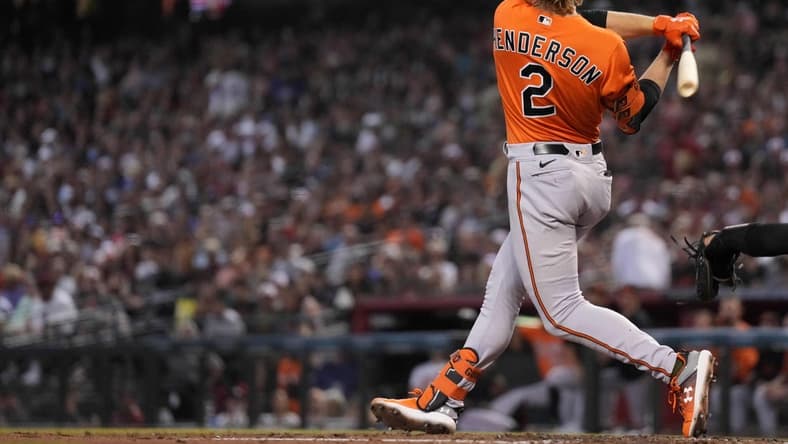 Sep 2, 2023; Phoenix, Arizona, USA; Baltimore Orioles shortstop baseman Gunnar Henderson (2) against the Arizona Diamondbacks at Chase Field. Mandatory Credit: Joe Camporeale-USA TODAY Sports