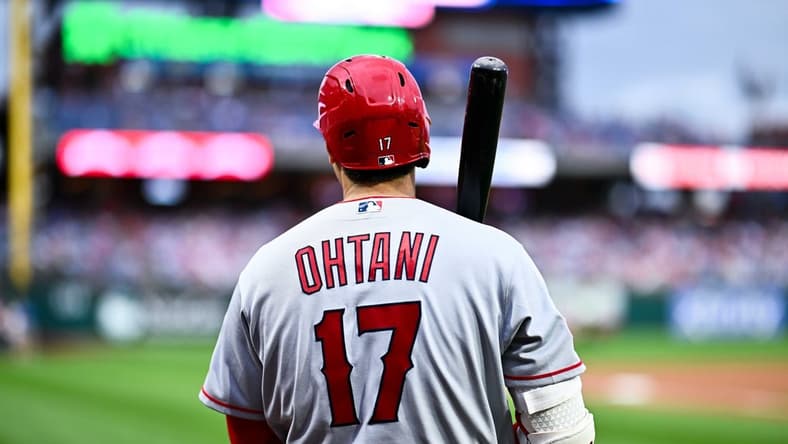 Aug 29, 2023; Philadelphia, Pennsylvania, USA; Los Angeles Angels designated hitter Shohei Ohtani (17) looks on before the game against the Philadelphia Phillies at Citizens Bank Park. Mandatory Credit: Kyle Ross-USA TODAY Sports