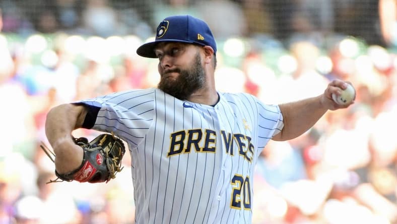 Sep 3, 2023; Milwaukee, Wisconsin, USA; Milwaukee Brewers pitcher Wade Miley (20) pitches against the Philadelphia Phillies in the first inning at American Family Field. Mandatory Credit: Benny Sieu-USA TODAY Sports