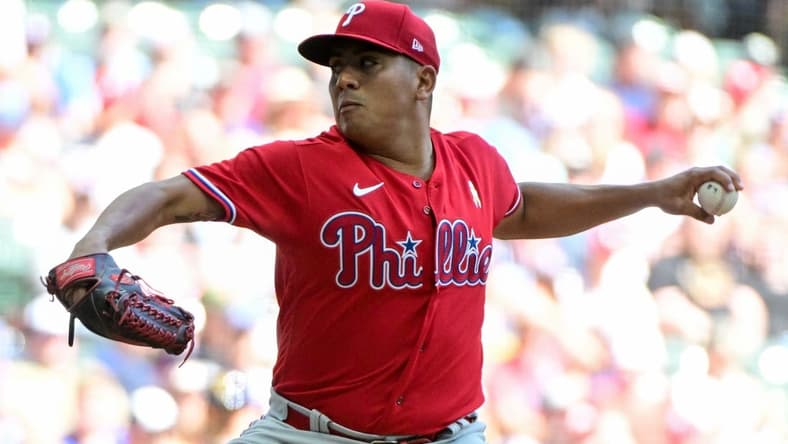 Sep 3, 2023; Milwaukee, Wisconsin, USA; Philadelphia Phillies pitcher Ranger Suarez (55) pitches against the Milwaukee Brewers in the first inning at American Family Field. Mandatory Credit: Benny Sieu-USA TODAY Sports