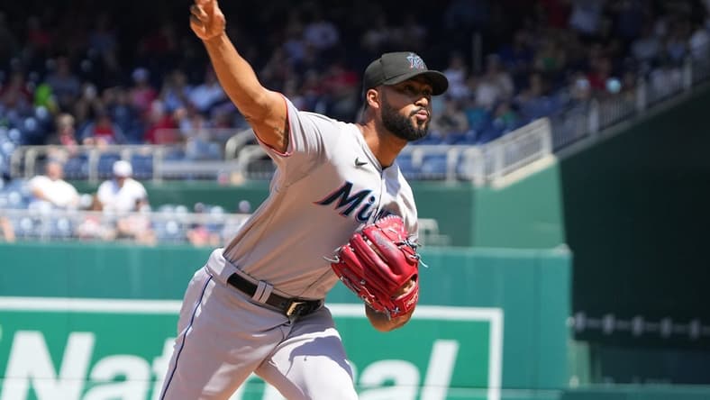 Sep 3, 2023; Washington, District of Columbia, USA;  Miami Marlins pitcher Sandy Alcantara (22) delivers a pitch against the Washington Nationals during the first inning at Nationals Park. Mandatory Credit: Gregory Fisher-USA TODAY Sports