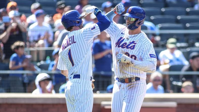 Sep 3, 2023; New York City, New York, USA;  New York Mets first baseman Pete Alonso (20) is greeted by left fielder Jeff McNeil (1) after hitting a two run home run in the third inning against the Seattle Mariners at Citi Field. Mandatory Credit: Wendell Cruz-USA TODAY Sports