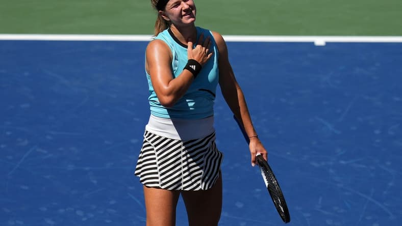 Sep 3, 2023; Flushing, NY, USA; Karolina Muchova of Czech Republic defeats Xinyu Wang of China on day seven of the 2023 U.S. Open tennis tournament at USTA Billie Jean King National Tennis Center. Mandatory Credit: Danielle Parhizkaran-USA TODAY Sports