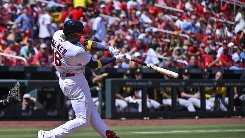 Sep 3, 2023; St. Louis, Missouri, USA;  St. Louis Cardinals right fielder Jordan Walker (18) hits a solo home run against the Pittsburgh Pirates during the third inning at Busch Stadium. Mandatory Credit: Jeff Curry-USA TODAY Sports