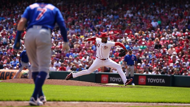 Cincinnati Reds relief pitcher Alexis Diaz (43) delivers a pitch with the bases loaded in the eighth inning of a baseball game between the Chicago Cubs and the Cincinnati Reds, Sunday, Sept. 3, 2023, at Great American Ball Park in Cincinnati.