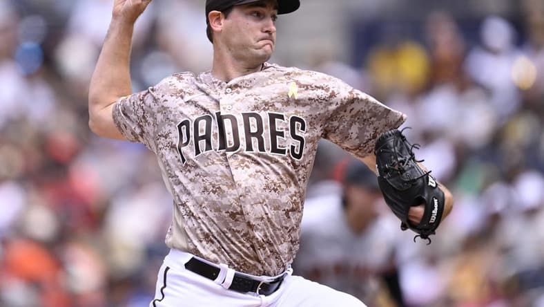 Sep 3, 2023; San Diego, California, USA; San Diego Padres starting pitcher Seth Lugo (67) throws a pitch against the San Francisco Giants during the first inning at Petco Park. Mandatory Credit: Orlando Ramirez-USA TODAY Sports