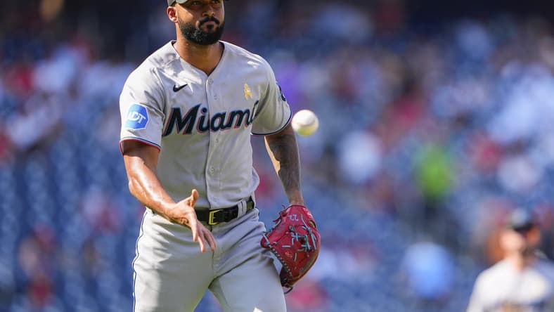 Sep 3, 2023; Washington, District of Columbia, USA;  Miami Marlins pitcher Sandy Alcantara (22) tosses to first base to record an out against the Washington Nationals during the sixth inning at Nationals Park. Mandatory Credit: Gregory Fisher-USA TODAY Sports