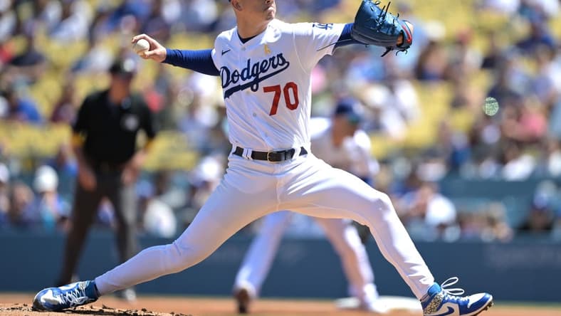Sep 3, 2023; Los Angeles, California, USA;  Los Angeles Dodgers starting pitcher Bobby Miller (70) delivers to the plate in the first inning against the Atlanta Braves at Dodger Stadium. Mandatory Credit: Jayne Kamin-Oncea-USA TODAY Sports