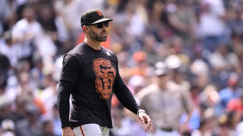 Sep 3, 2023; San Diego, California, USA; San Francisco Giants manager Gabe Kapler walks to the mound during the fifth inning against the San Diego Padres at Petco Park. Mandatory Credit: Orlando Ramirez-USA TODAY Sports