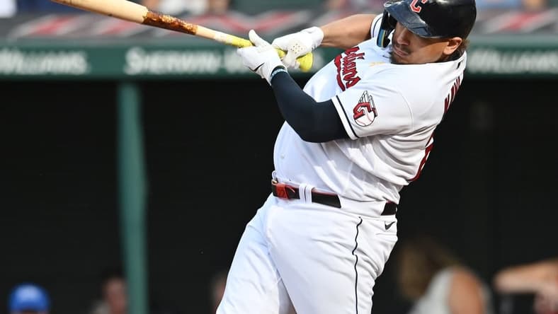 Sep 3, 2023; Cleveland, Ohio, USA; Cleveland Guardians designated hitter Josh Naylor (22) hits an RBI single during the fifth inning against the Tampa Bay Rays at Progressive Field. Mandatory Credit: Ken Blaze-USA TODAY Sports