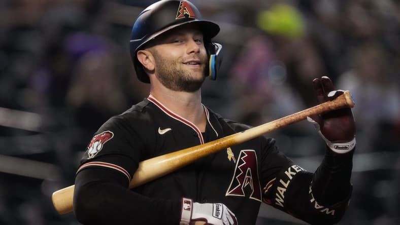 Sep 3, 2023; Phoenix, AZ, USA; Arizona Diamondbacks' Christian Walker (53) reacts to a strike called at the plate against the Baltimore Orioles at Chase Field.