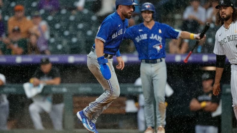 Sep 3, 2023; Denver, Colorado, USA; Toronto Blue Jays shortstop Mason McCoy (10) scores on an RBI in the ninth inning against the Colorado Rockies at Coors Field. Mandatory Credit: Isaiah J. Downing-USA TODAY Sports