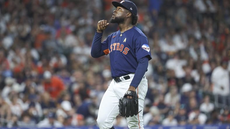 Sep 3, 2023; Houston, Texas, USA; Houston Astros starting pitcher Cristian Javier (53) looks up after pitching during the fifth inning against the New York Yankees at Minute Maid Park. Mandatory Credit: Troy Taormina-USA TODAY Sports