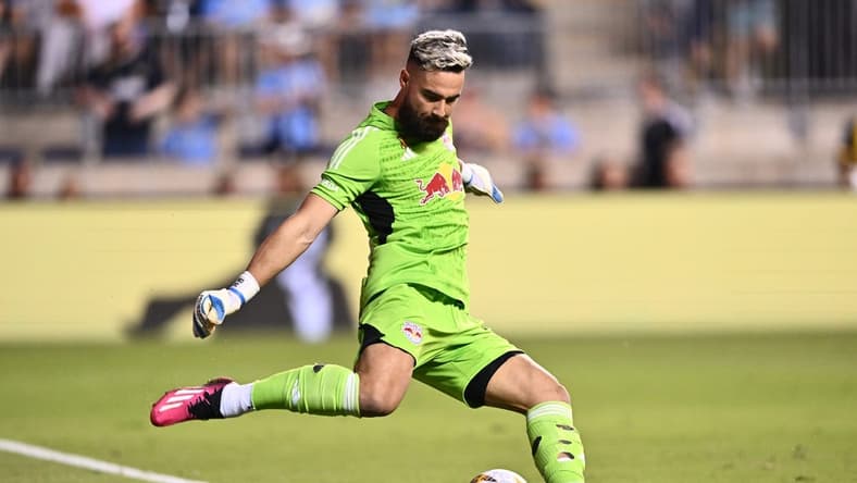 Sep 3, 2023; Philadelphia, Pennsylvania, USA; New York Red Bulls keeper Carlos Coronel (1) clears the ball against the Philadelphia Union in the first half at Subaru Park. Mandatory Credit: Kyle Ross-USA TODAY Sports