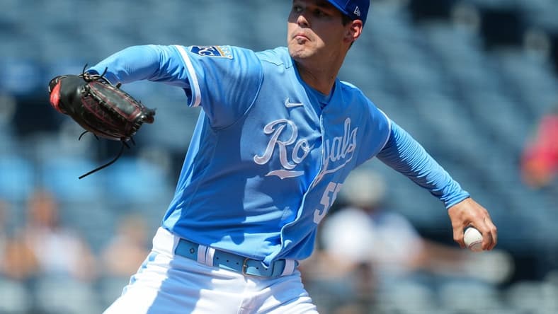 Sep 4, 2023; Kansas City, Missouri, USA; Kansas City Royals starting pitcher Cole Ragans (55) pitches during the first inning against the Chicago White Sox at Kauffman Stadium. Mandatory Credit: Jay Biggerstaff-USA TODAY Sports