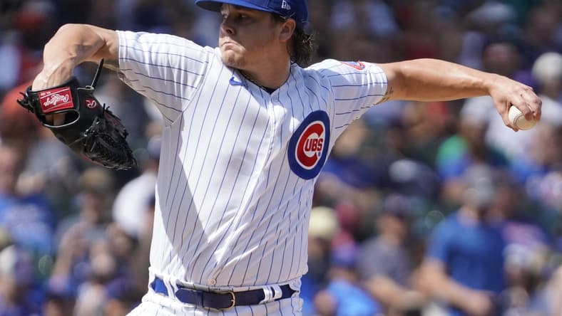 Sep 4, 2023; Chicago, Illinois, USA; Chicago Cubs starting pitcher Justin Steele (35) throws the ball against the San Francisco Giants during the first inning at Wrigley Field. Mandatory Credit: David Banks-USA TODAY Sports