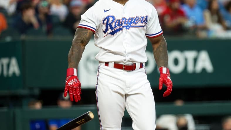 Sep 4, 2023; Arlington, Texas, USA; Texas Rangers right fielder Adolis Garcia (53) reacts after striking out during the first inning against the Houston Astros at Globe Life Field. Mandatory Credit: Kevin Jairaj-USA TODAY Sports