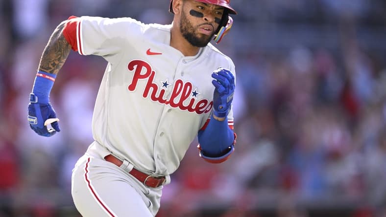 Sep 4, 2023; San Diego, California, USA; Philadelphia Phillies third baseman Edmundo Sosa (33) rounds the bases after hitting a home run against the San Diego Padres during the second inning at Petco Park. Mandatory Credit: Orlando Ramirez-USA TODAY Sports