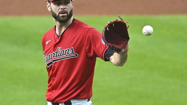 Sep 4, 2023; Cleveland, Ohio, USA; Cleveland Guardians starting pitcher Lucas Giolito (27) reacts after giving up a bases loaded walk in the second inning against the Minnesota Twins at Progressive Field. Mandatory Credit: David Richard-USA TODAY Sports