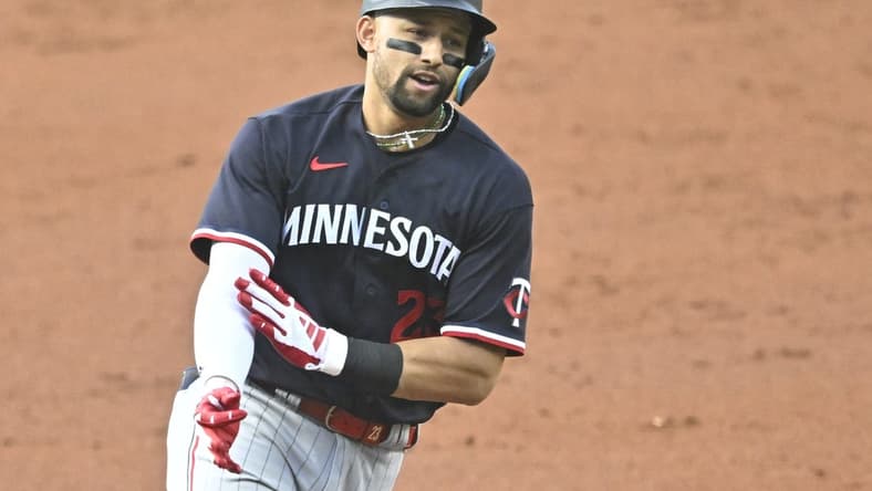 Sep 4, 2023; Cleveland, Ohio, USA; Minnesota Twins third baseman Royce Lewis (23) celebrates his grand slam in the second inning against the Cleveland Guardians at Progressive Field. Mandatory Credit: David Richard-USA TODAY Sports