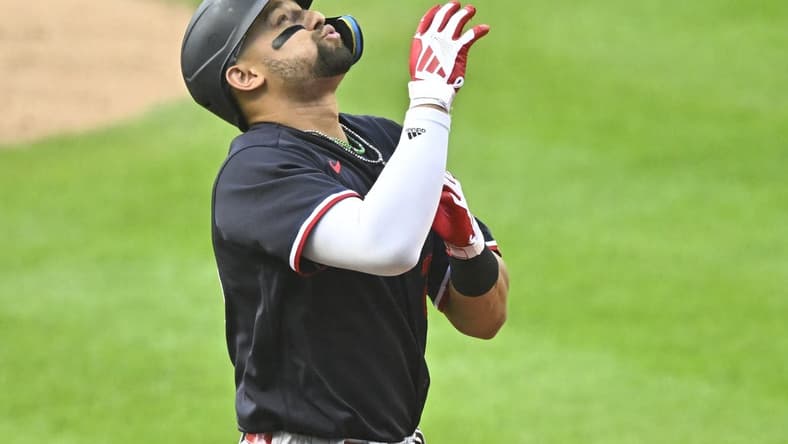 Sep 4, 2023; Cleveland, Ohio, USA; Minnesota Twins third baseman Royce Lewis (23) celebrates his grand slam in the second inning against the Cleveland Guardians at Progressive Field. Mandatory Credit: David Richard-USA TODAY Sports