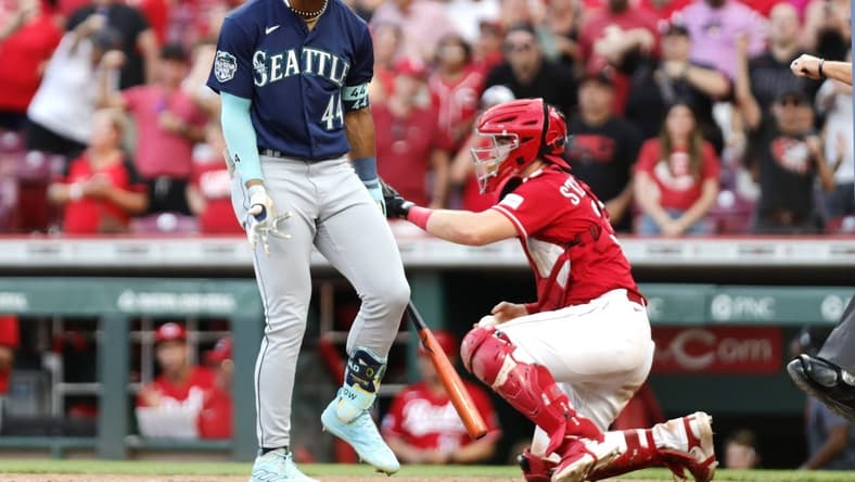 Sep 4, 2023; Cincinnati, Ohio, USA; Seattle Mariners center fielder Julio Rodriguez (44) reacts after striking out ending the game against the Cincinnati Reds during the ninth inning at Great American Ball Park. Mandatory Credit: David Kohl-USA TODAY Sports