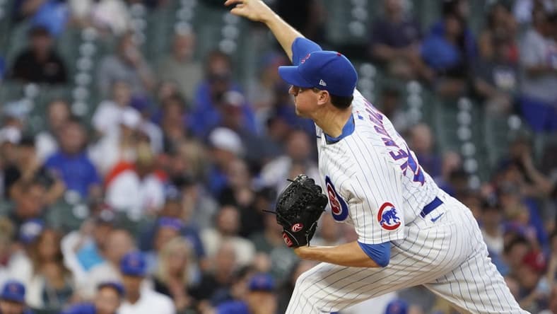 Sep 5, 2023; Chicago, Illinois, USA; Chicago Cubs starting pitcher Kyle Hendricks (28) throws the ball against the San Francisco Giants during the first inning at Wrigley Field. Mandatory Credit: David Banks-USA TODAY Sports