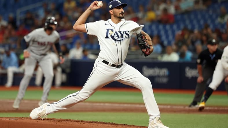 Sep 5, 2023; St. Petersburg, Florida, USA; Tampa Bay Rays starting pitcher Zach Eflin (24) throws  a pitch against the Boston Red Sox during the second inning at Tropicana Field. Mandatory Credit: Kim Klement Neitzel-USA TODAY Sports