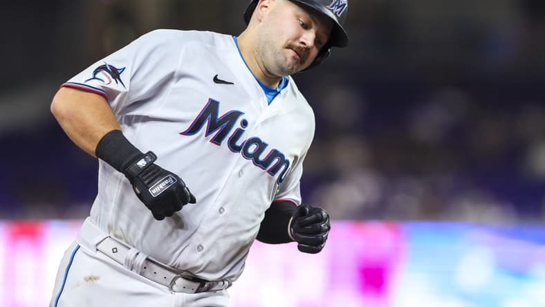 Sep 5, 2023; Miami, Florida, USA; Miami Marlins third baseman Jake Burger (36) circles the bases after hitting a home run against the Los Angeles Dodgers during the fourth inning at loanDepot Park. Mandatory Credit: Sam Navarro-USA TODAY Sports