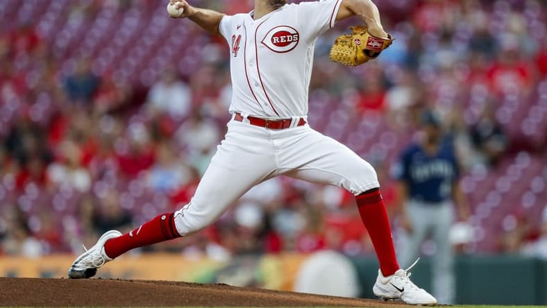 Sep 5, 2023; Cincinnati, Ohio, USA; Cincinnati Reds starting pitcher Connor Phillips (34) pitches against the Seattle Mariners in the first inning at Great American Ball Park. Mandatory Credit: Katie Stratman-USA TODAY Sports