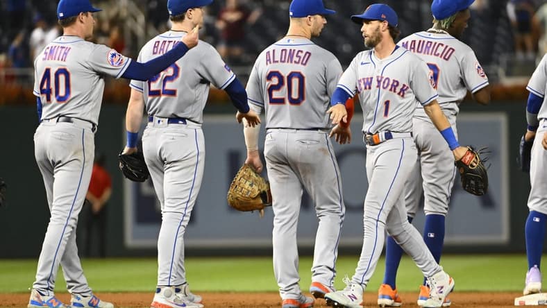 Sep 5, 2023; Washington, District of Columbia, USA; New York Mets right fielder Jeff McNeil (1) and first baseman Pete Alonso (20) celebrate after the game against the Washington Nationals at Nationals Park. Mandatory Credit: Brad Mills-USA TODAY Sports