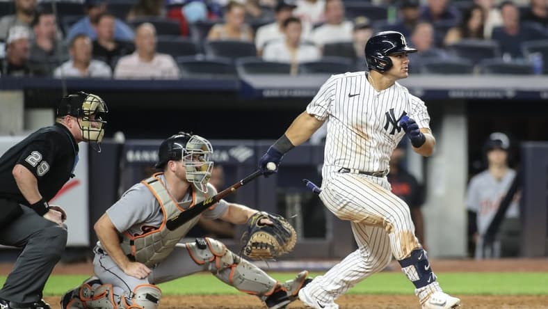 Sep 5, 2023; Bronx, New York, USA;  New York Yankees center fielder Jasson Dominguez (89) hits a double in the eighth inning against the Detroit Tigers at Yankee Stadium. Mandatory Credit: Wendell Cruz-USA TODAY Sports