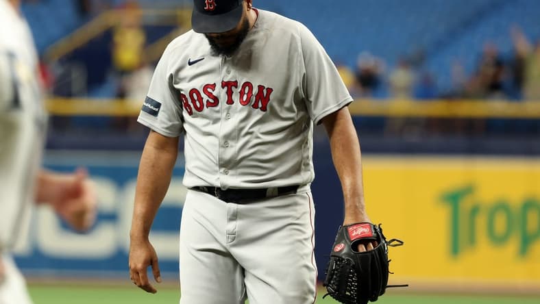 Sep 5, 2023; St. Petersburg, Florida, USA; Boston Red Sox relief pitcher Kenley Jansen (74) reacts as they lost to the Tampa Bay Rays at Tropicana Field. Mandatory Credit: Kim Klement Neitzel-USA TODAY Sports