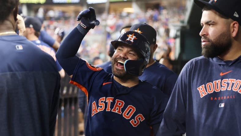 Sep 5, 2023; Arlington, Texas, USA; Houston Astros second baseman Jose Altuve (27) celebrates hitting a home run with his teammates in the third inning against the Texas Rangers at Globe Life Field. Mandatory Credit: Tim Heitman-USA TODAY Sports