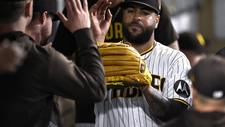 Sep 5, 2023; San Diego, California, USA; San Diego Padres starting pitcher Pedro Avila (60) is congratulated in the dugout after a pitching change in the seventh inning against the Philadelphia Phillies at Petco Park. Mandatory Credit: Orlando Ramirez-USA TODAY Sports