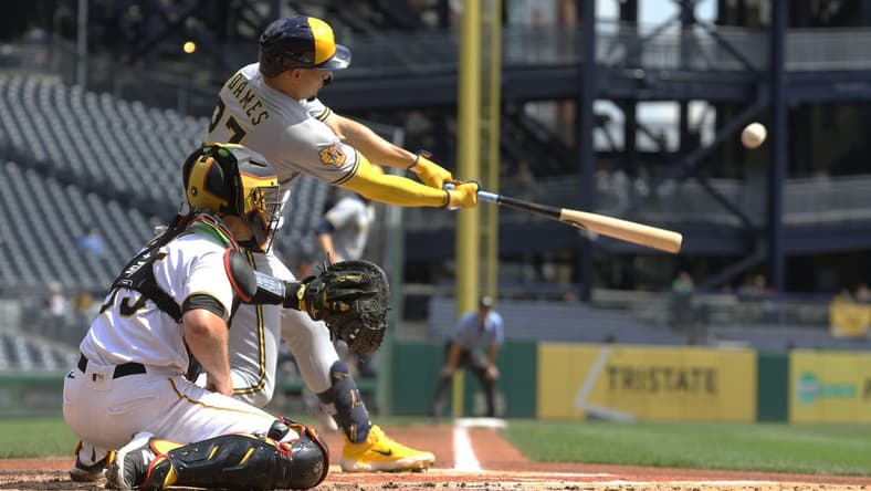 Sep 6, 2023; Pittsburgh, Pennsylvania, USA;  Milwaukee Brewers shortstop Willy Adames (27) hits a three run home run against the Pittsburgh Pirates during the first inning at PNC Park. Mandatory Credit: Charles LeClaire-USA TODAY Sports