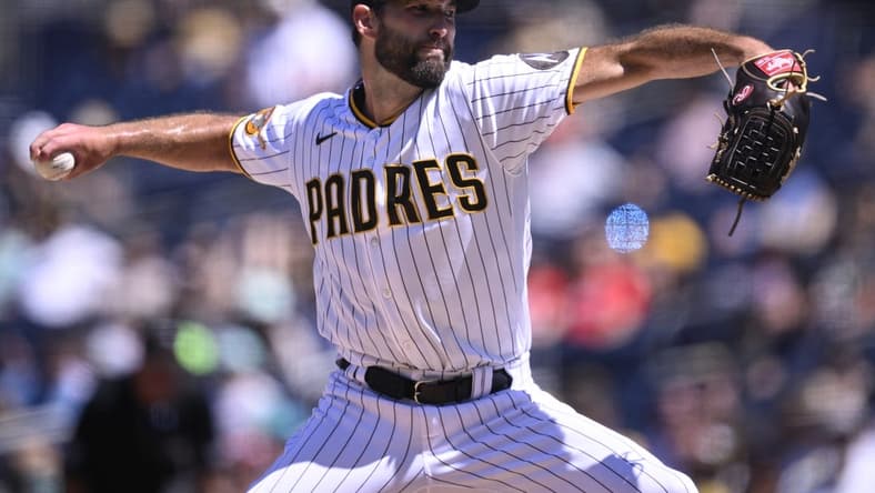 Sep 6, 2023; San Diego, California, USA; San Diego Padres starting pitcher Michael Wacha (52) throws a pitch against the Philadelphia Phillies during the first inning at Petco Park. Mandatory Credit: Orlando Ramirez-USA TODAY Sports