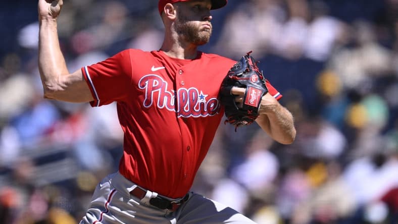Sep 6, 2023; San Diego, California, USA; Philadelphia Phillies starting pitcher Zack Wheeler (45) throws a pitch against the San Diego Padres during the first inning at Petco Park. Mandatory Credit: Orlando Ramirez-USA TODAY Sports